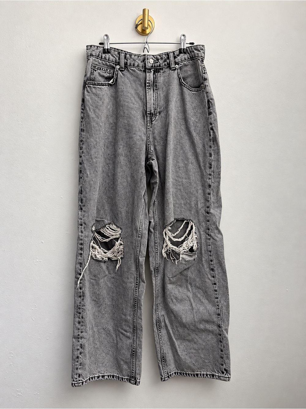 H&M Gray Acid Wash Distressed Wide Leg Jeans